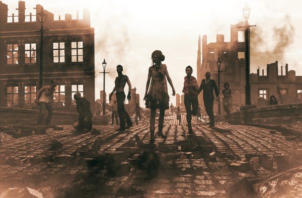 zombies walking through destroyed city landscape